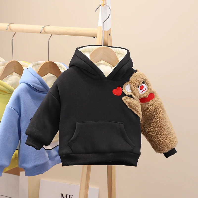 

2022 Spring Autumn Infant Clothes Baby Boys Girls Sweatshirts Warm Plush Outdoor Children Tops Cartoon Bear Kids Hooded Sweater