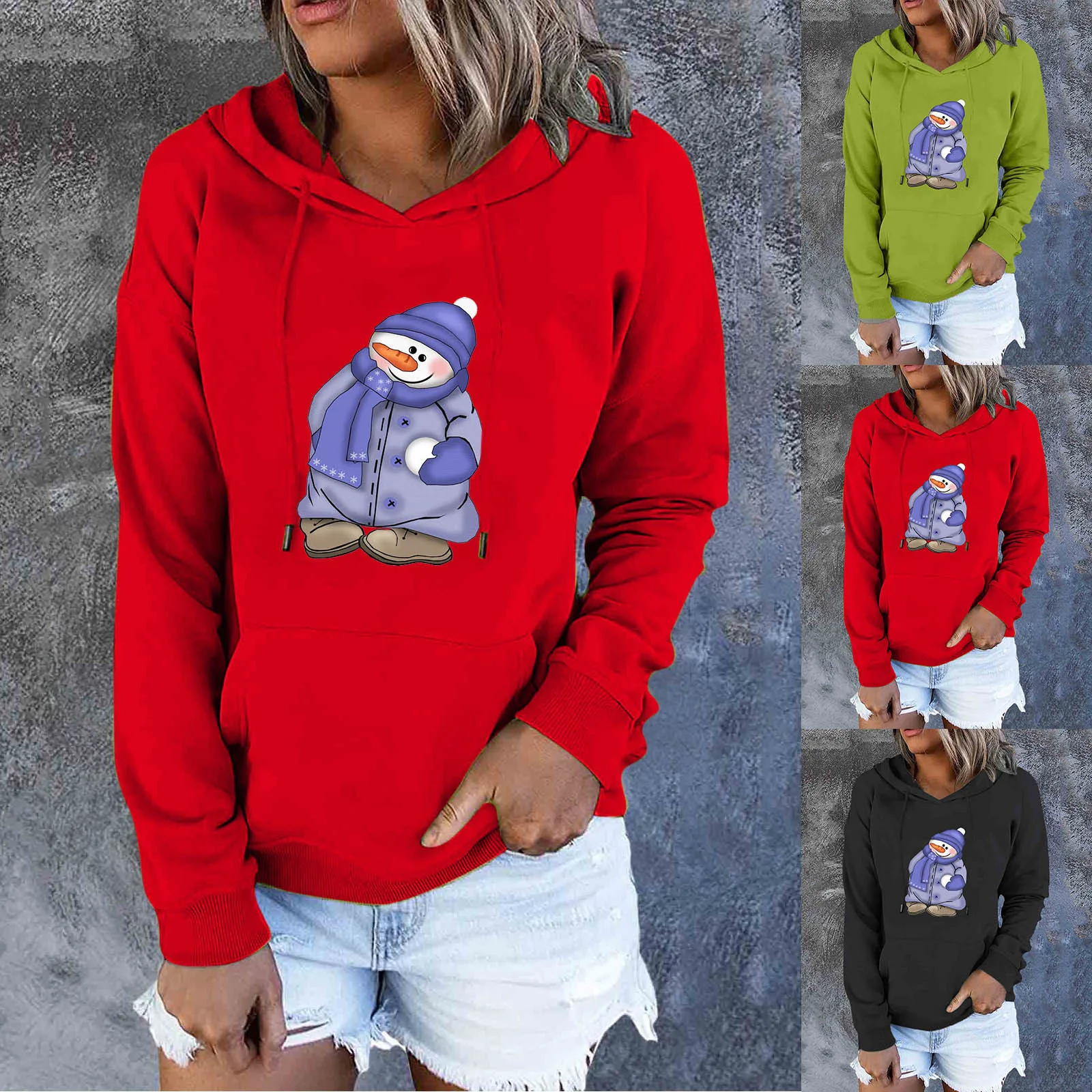 

Женский пуловер с капюшоном, повседневный свитшот с длинным рукавом, свитшот с принтом рождественского снеговика