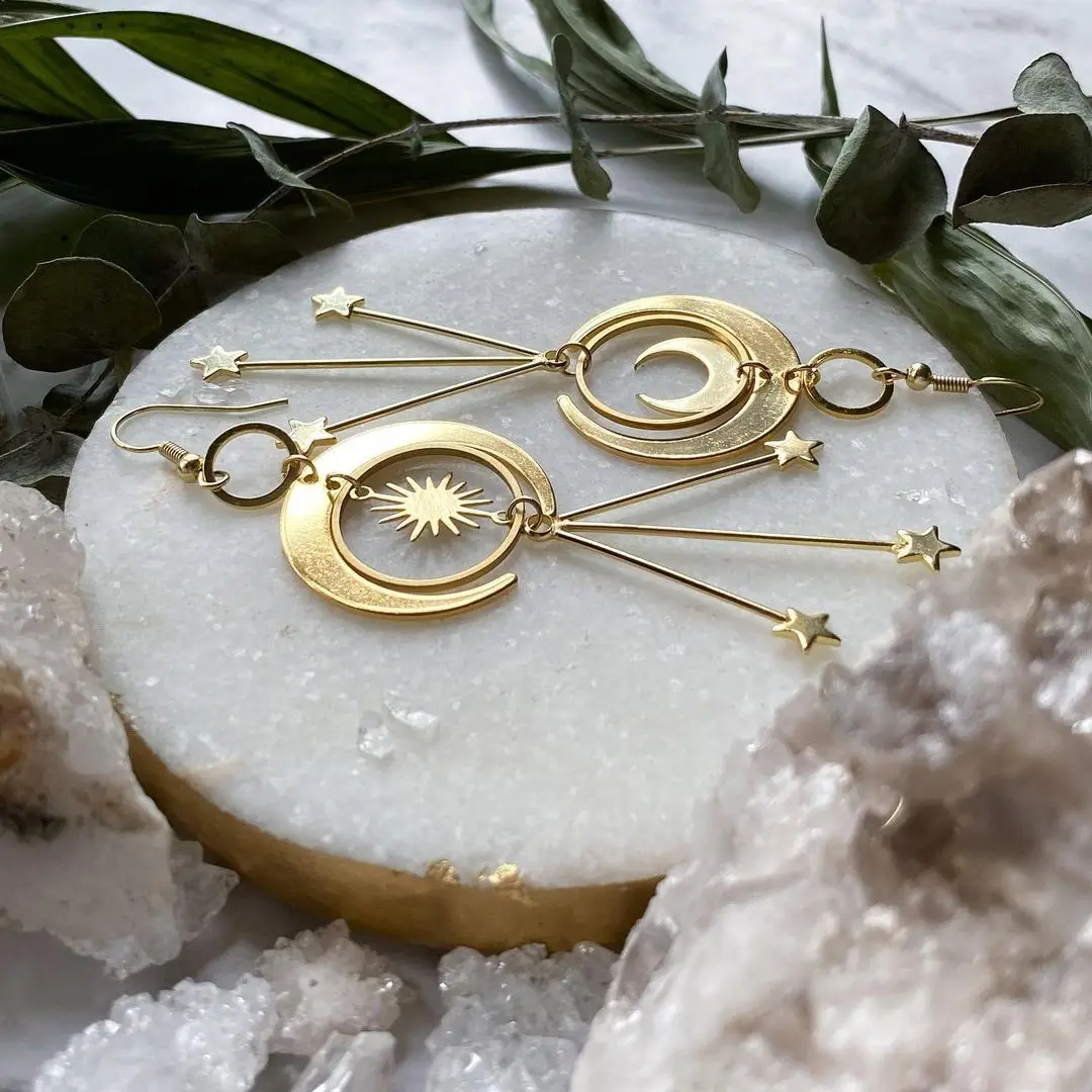

Golden Moon Witchy Dangle Earrings,Hypoallergenic, Celestial Jewelry