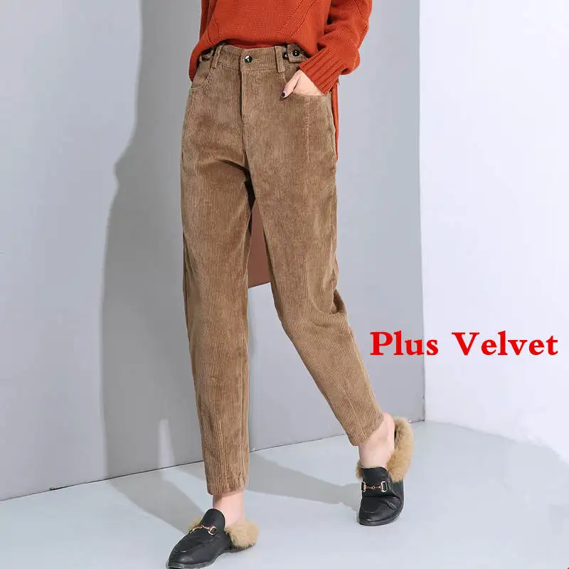 khaki plus velvet Новые женские вельветовые шаровары осенние штаны с высокой талией длинные бархатные брюки свободные черные брюки женские зимние спортивные брюки C5803 - Цвет: khaki plus velvet