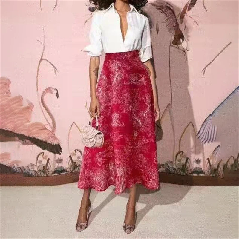 

2021 summer new style 3D jungle ink print skirt women's elastic waist fashion retro pleated mid-length silk cotton A-line skirt