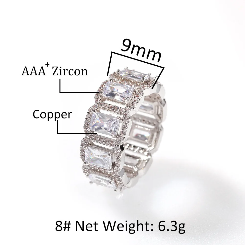

HABEGRIS Baguette Rings Hip Hop Iced Out 9mm Square CZ 1 Row Fashion Women's Ring 2021Trend Jewelry For Boyfriend Gift