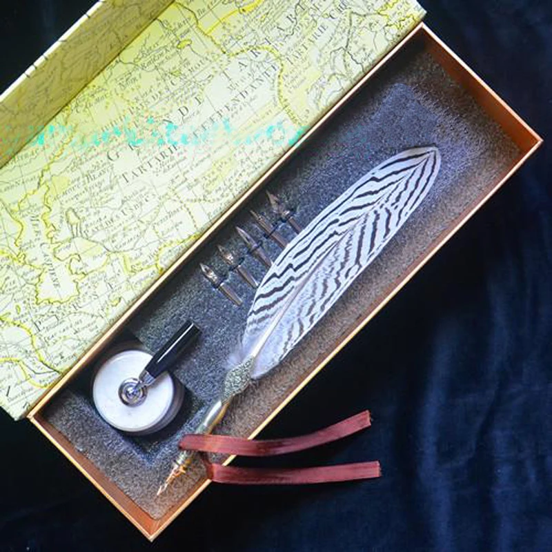 Calligraphy Quill Lophura Nycthemera Feather Pen Set with Ceraminc Pen Holder 5 Nibs  Retro Carving Wedding Gift Pen
