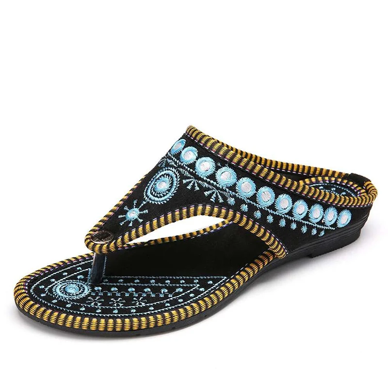 

Summer Women Clip Toe Slippers Embroidery Retro Females Flat Shoes Non Slip Casual Cloth Ladies Footwear 2021 Comfort Slippers