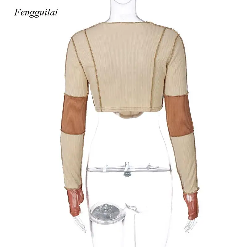 

2021 Spring New Chest Hollow Out Splicing Fashion Design Diamonds Decorate Long Sleeve T-Shirt Top