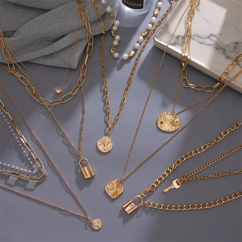 

FNIO Vintage Multi Layered Women's Necklaces Pearl Round Coin Gold Necklaces Bohemia Fashion Long pendant Necklace 2020 Jewelry