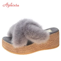 aphixta winter women wedge heel slippers warm real hair womens shoes platform women shoes indoor slipper cross slides