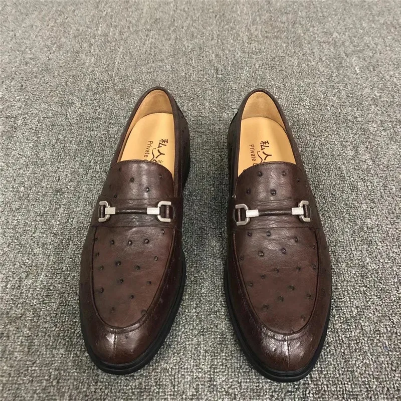 

Мужские мокасины из натуральной страусиной кожи, коричневые туфли без шнуровки, классические лоферы из натуральной экзотической кожи, деловой стиль