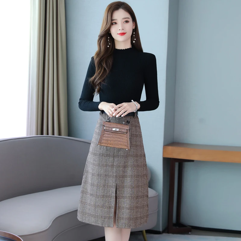 Клетчатое шерстяное вязаное платье на пуговицах для женщин сезон осень-зима