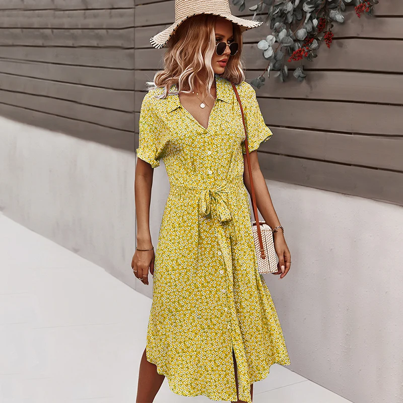 

Floral Dress Women's Casual Printed Dress V-Neck Mid-Length Dress Women's Short Sleeve Button Loose Bohemian Dress Vestidos