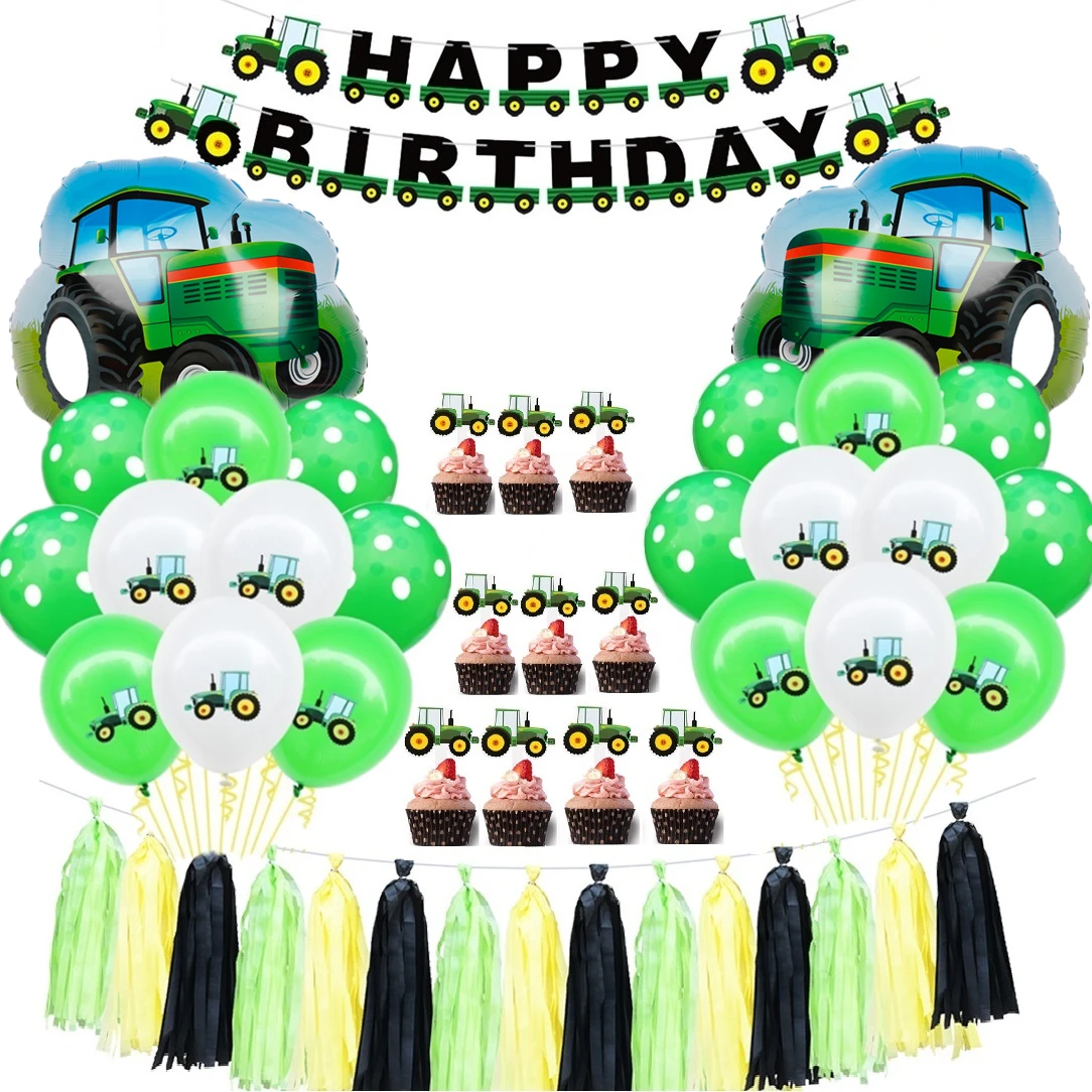 Juego de globos de feliz cumplea&ntilde;os para Tractor, decoraci&oacute;n de fiesta de cumplea&ntilde;os de veh&iacute;culo con tema verde para granja, 1Set-0