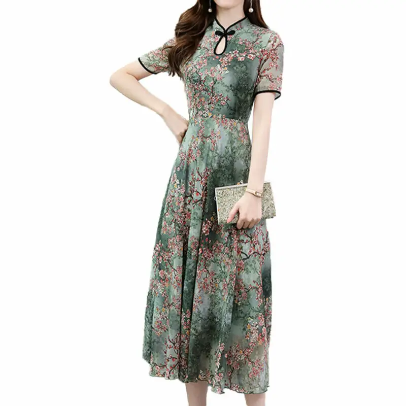 

Women's Ladies Cheongsam Long Dress Printed Summer Short Sleeve Holiday Fancy Fashionable A-line Skirt Dress Summer