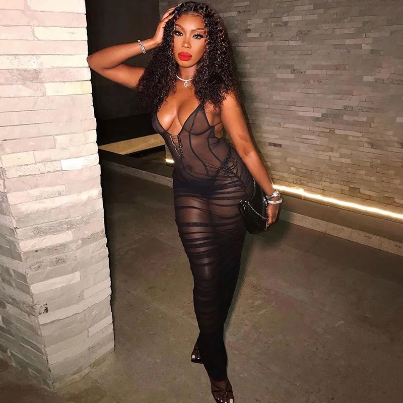 

Women Sexy Maxi Dress Deep V Sleeveless Summer Mesh See Through Bandage Halter Night Party Club Vestidos De Mujer