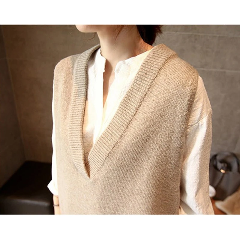 

Female Loose Knitted Sweater Slit Sleeveless Jumper Tops Casual Autumn Women Sweaters Pullovers V-neck Chic Sweater T15018X