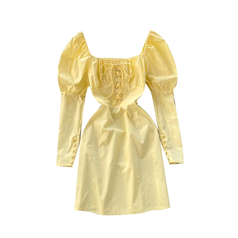 

French Dress Spring New Western Style Bubble Sleeve Scheming Pleated Square Collar Elegant Slim Fit Petite Short Dress Trendy