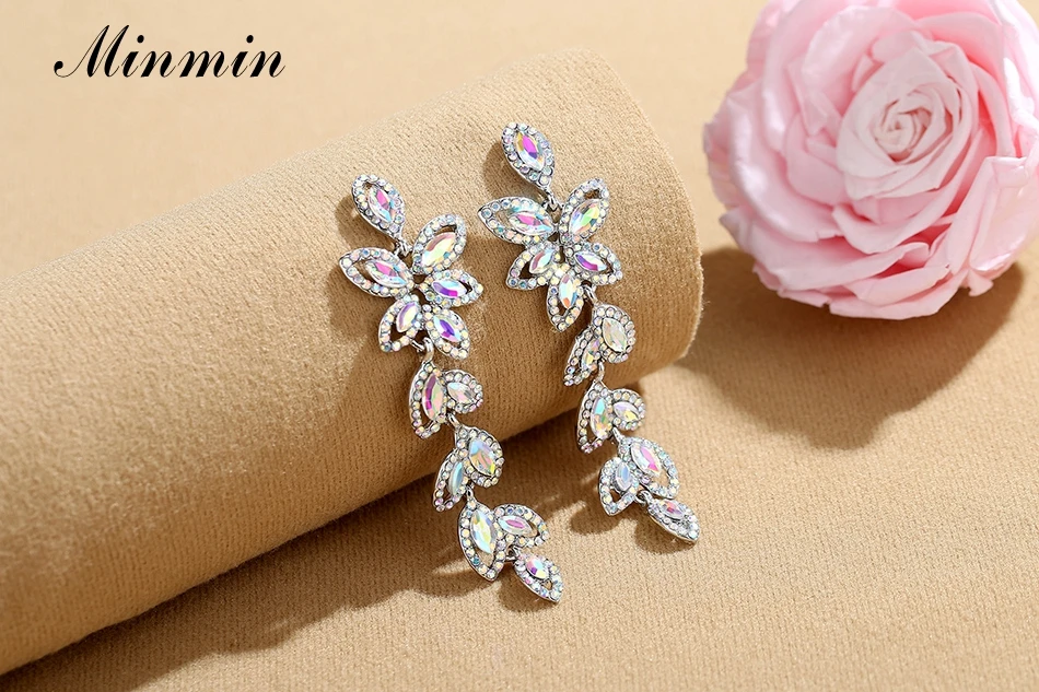 Minmin, Роскошные, 6 цветов, блестящие, хрустальные, длинные, Висячие серьги для женщин, свадебные, выпускные, ювелирные изделия для невест, висячие серьги EH1578