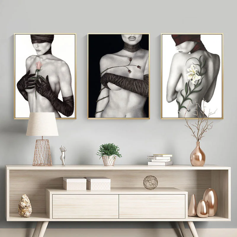 

Flowers and Sexy Woman Decorative Canvas Painting Black White Portrait Posters Prints Modern Art Pictures for Bedroom Home Decor