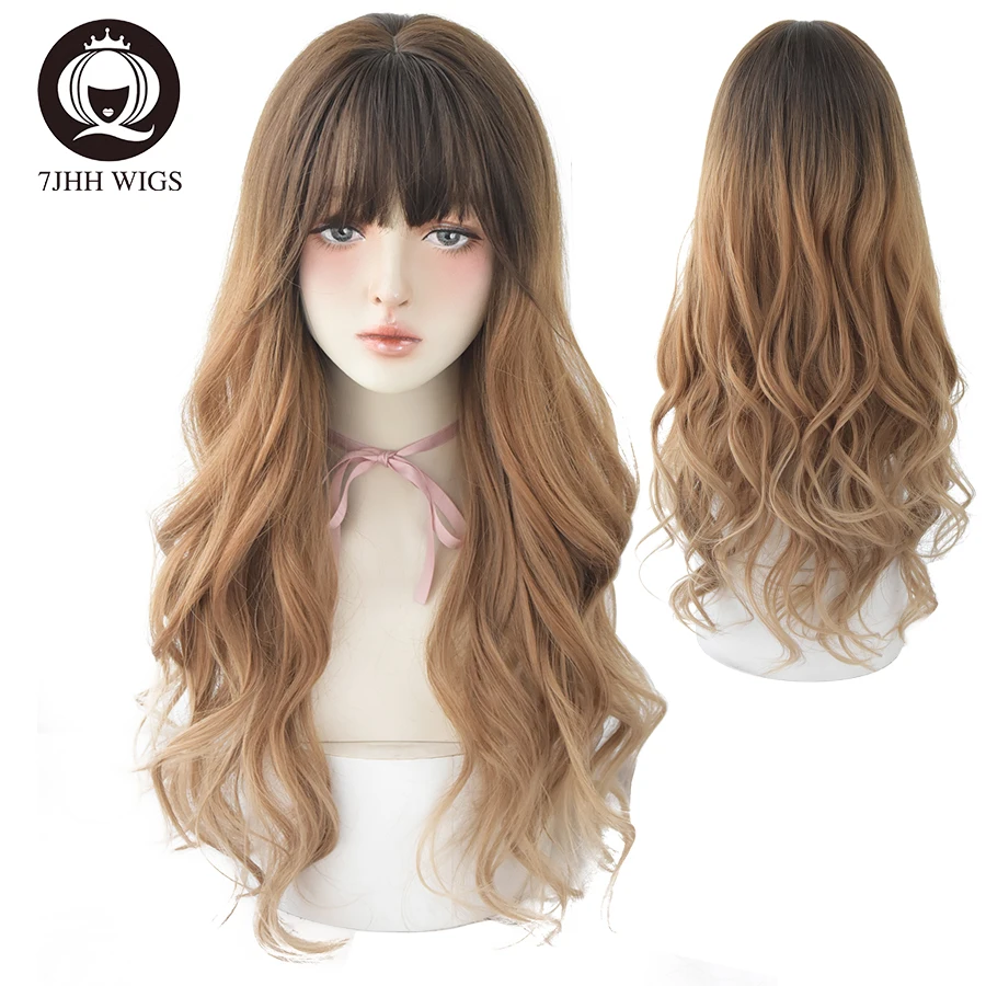 

7JHH парики Omber коричневый черный натуральный длинный волнистый парик для девочек 2020 Новое поступление 27 дюймов модные реалистичные парики для повседневной носки