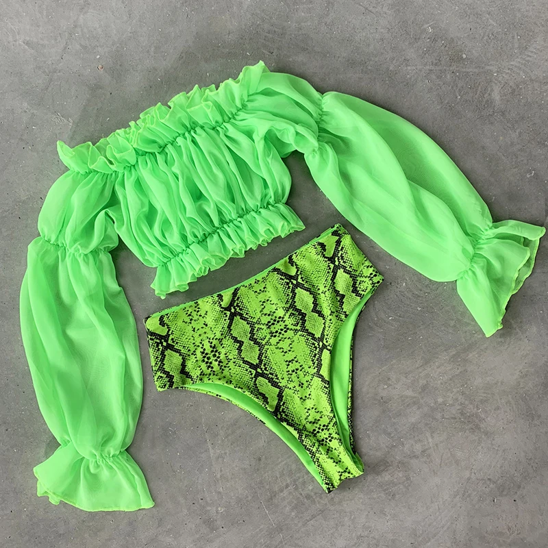 Sexy Green bikini set Swimwear Women Mesh long sleeve swimsuit female High waist bikini Snake printed Bathing suit Mujer