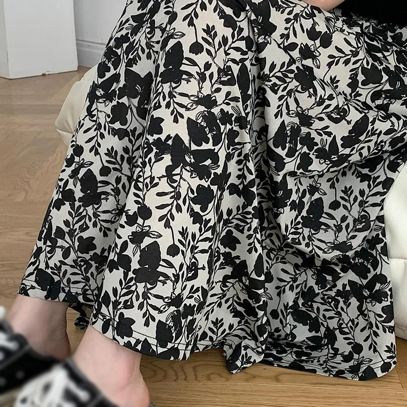 

Summer Women's Floral Print High Waist With Elastic Sweet Leisure Chiffon Midi Big Hemline Skirt