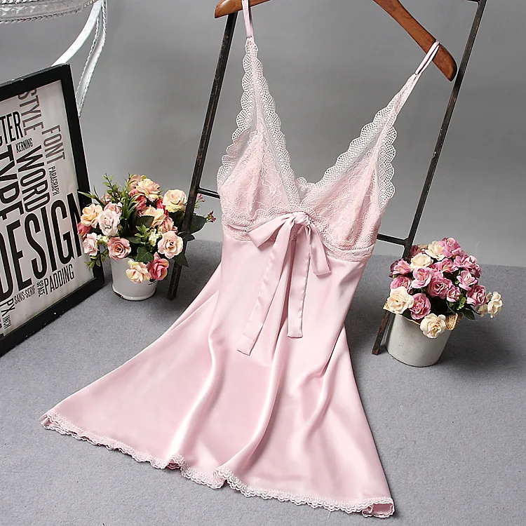 Women Sexy Silk Satin Night Gown Sleeveless Nightdress Lace Sleep Dress V-neck Nighties Shirt Fashion Sleepwear Nightwear | Женская