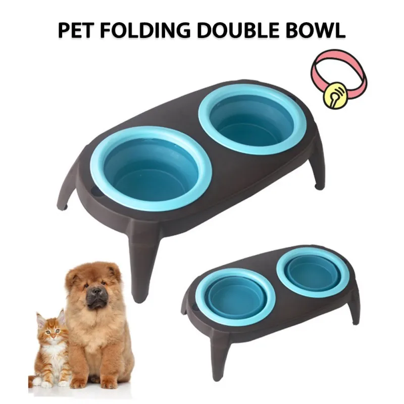 

Non-Slip Pet Feeders Dog Double Elevated Bowl Silicone Foldable Detachable Eco-friendly Dishes Portable Travel Bowl 2021 New