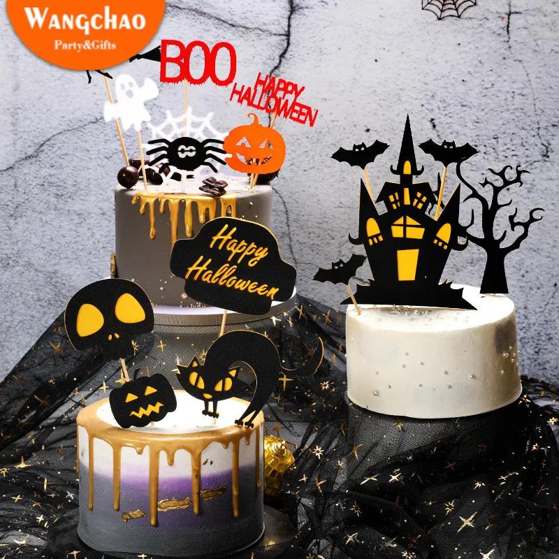 

Happy Halloween Cake Topper Pumpkin Ghost Bat Witch Ghost Castle Black Cat Horror Cupcake Toppers Halloween Party Baking Decor
