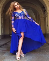 royal blue hi lo prom party dress 2021 long sleeve top lace illusion evening guest gowns homecoming robe de soiree