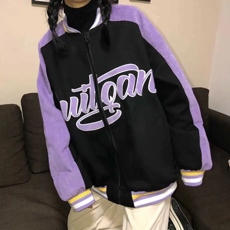 

Jacket Color Block Vintage Harajuku Jacket 2021Spring Oversized Coats Streetwear Women's Letter Embroidery Baseball