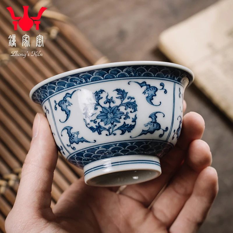 

cup Jingdezhen tea set handmade wood kiln blue and white porcelain tea cup sea water bat twined branch pattern cup