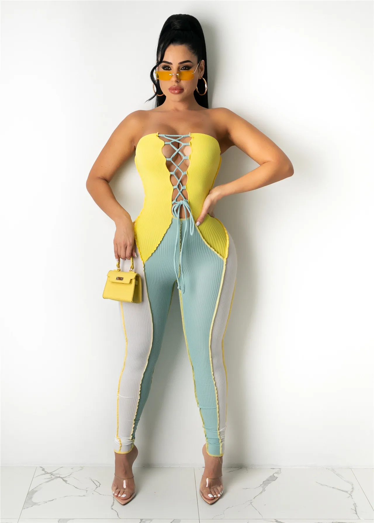

Women Strapless Color Block Bandage Bodycon Jumpsuits