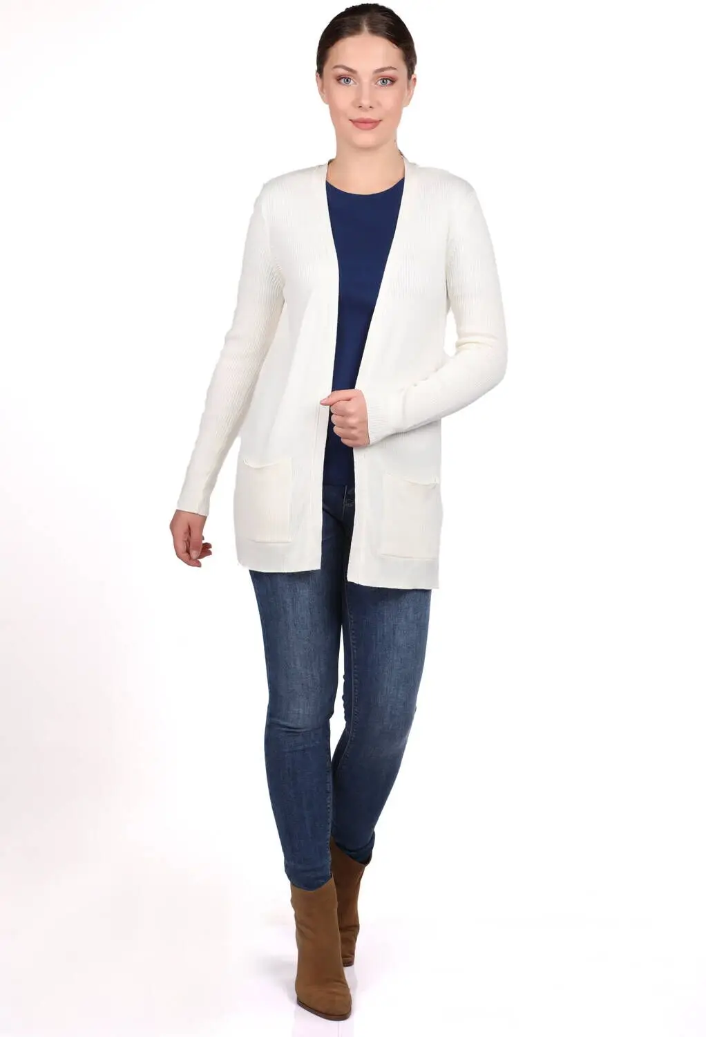 

White Open Front Pocket Womens Knitwear Cardigan