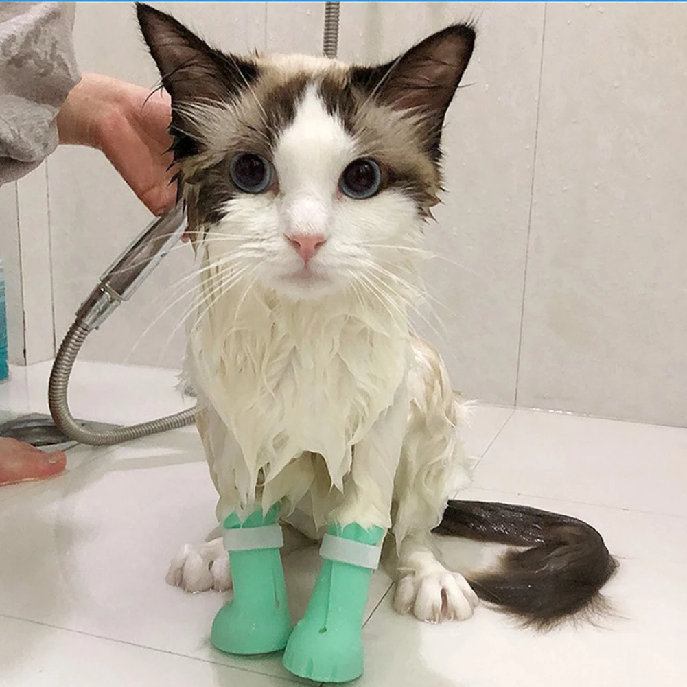 

4PCS AntiScratch Cat Shoes Boots Pet Nail Cover Protector Scratch Gloves Cat Paw Protector Pet Grooming Booties Bath Foot Cover