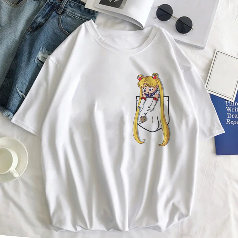 Sailor Moon Cat Футболка женская летняя Kawaii стильная одежда Harajuku футболка Ulzzang Повседневная футболка с коротким рукавом женская футболка