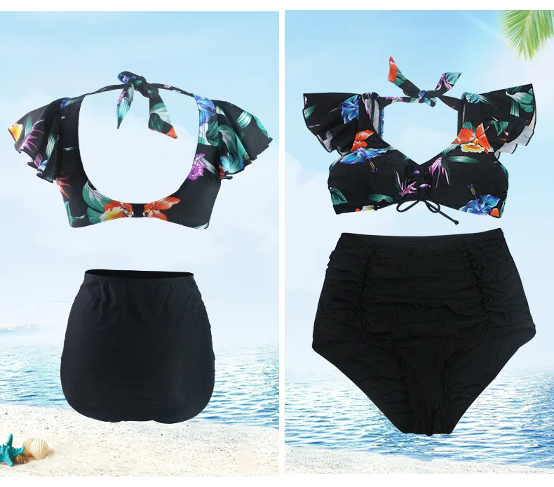 

New Printed Swimwear Sexy Halter Neck Bikini Girl High Waist Triangle Bodysuit Women Knotted 2 Piece Set Lady Floral Young Style