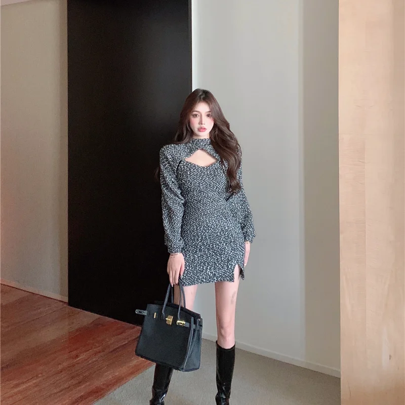 Woherb Sexy Two Pieces Set Women Long Sleeve Crop Cape + Bodycon Sleeveless Mini Dress 2022 Korean Ins Fashion Party Vestido | Женская