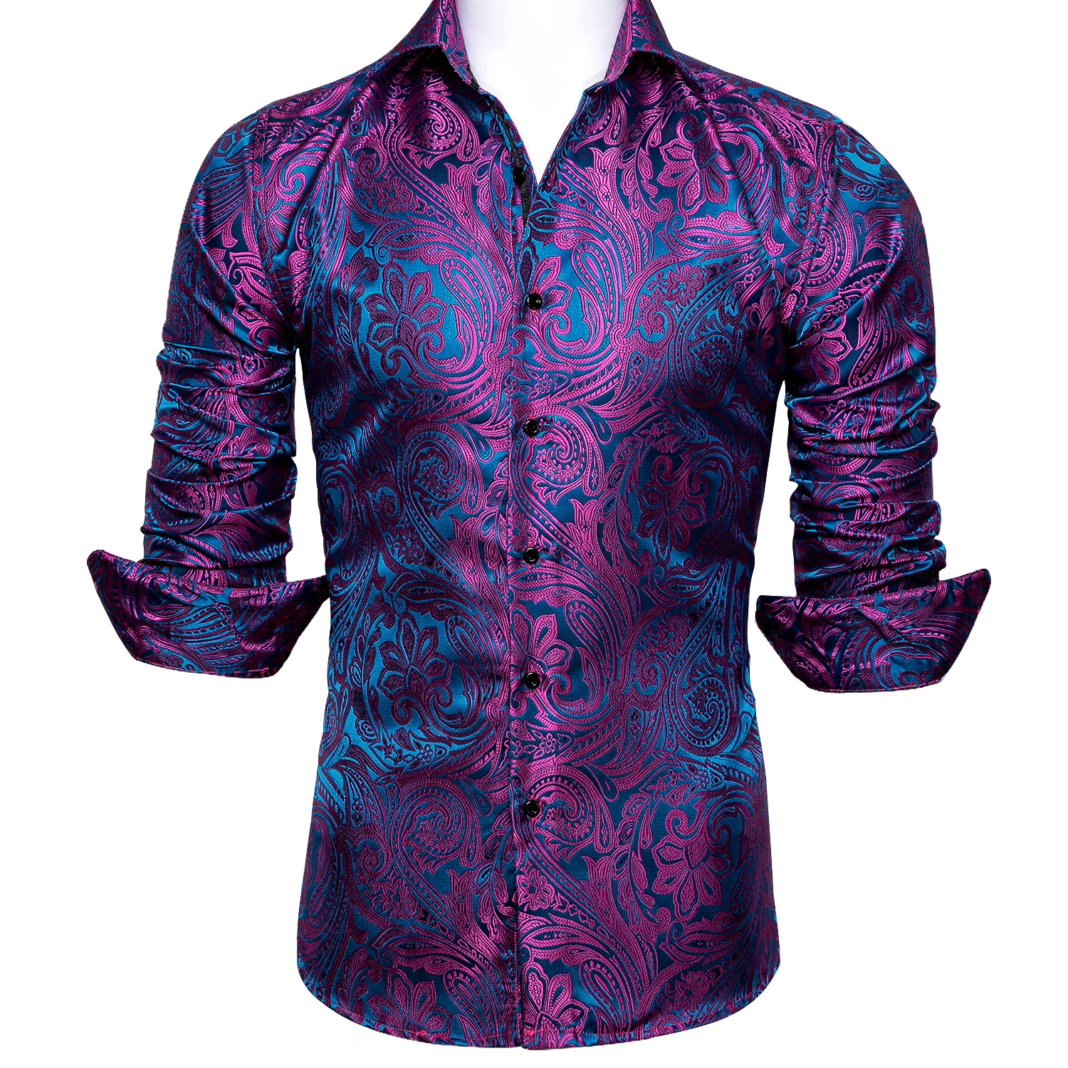 Barry.Wang Luxury Rose Red Paisley Silk Shirts Men Long Sleeve Casual Flower Shirts For Men Designer Fit Dress Shirt BCY-0029