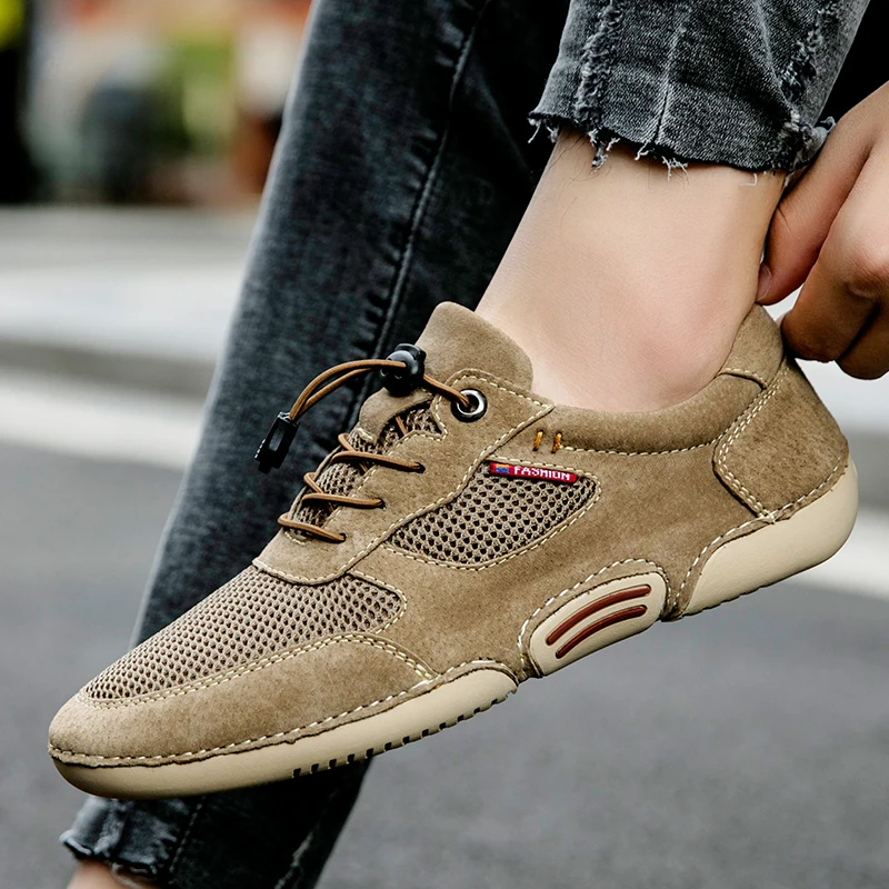 Mens Shoes Casual Footwear 2020 Summer Autumn Mesh Walking Shoe Male Sneakers Suede Leather Leisure Breathable Khaki | Обувь