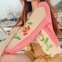 hollow out knitted cardigan thin coat jacket women sweater outerwear autumn new korean slim croche sweater pink casual coat tops