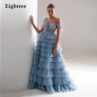 eightree 2021 light blue ruffled long evening dresses sashes spaghetti a line sleeveless tiered formal prom ball gowns dress
