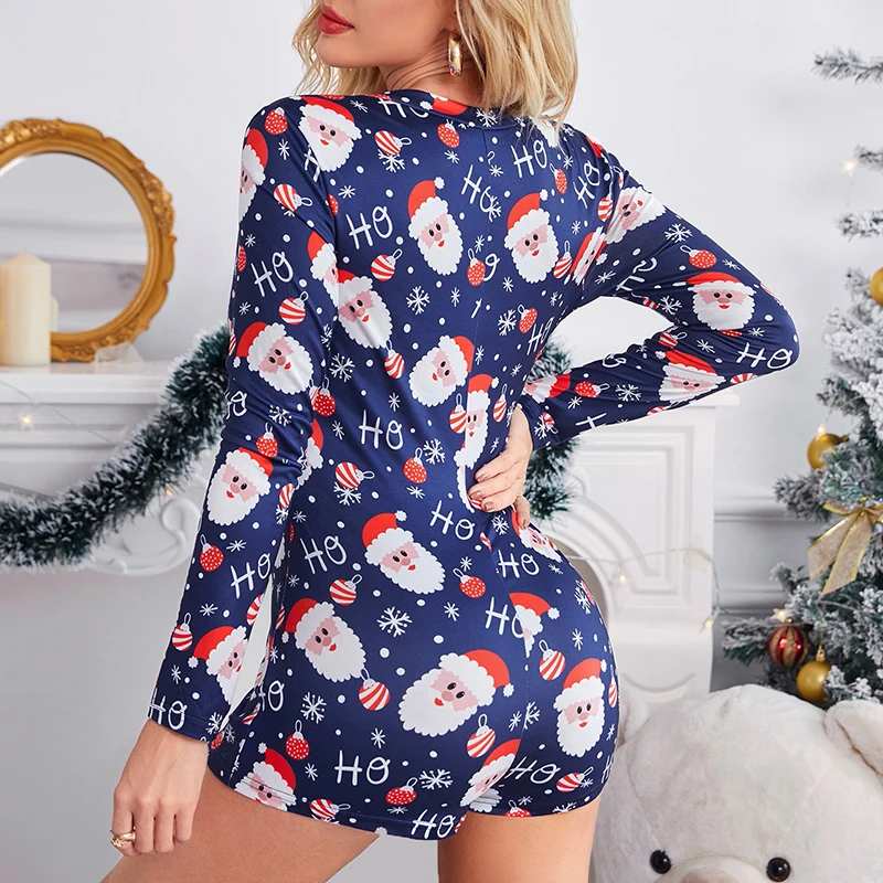Рождественский Короткий комбинезон Женское боди с принтом и длинным рукавом