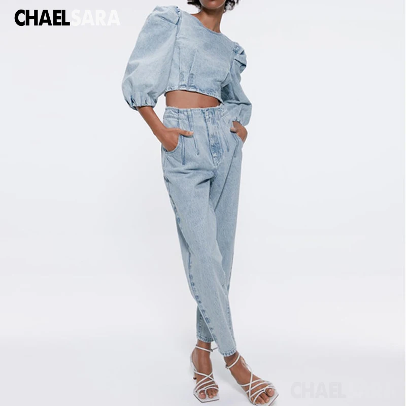 Женский джинсовый костюм из 2 предметов повседневный с длинным рукавом и молнией