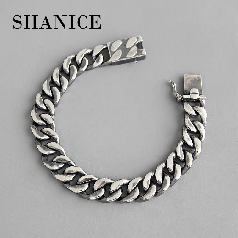 SHANICE 925 пробы Серебряный винтажный кубинский браслет для мужчин черный рок звено цепи браслеты и браслеты модные панк вечерние ювелирные изделия