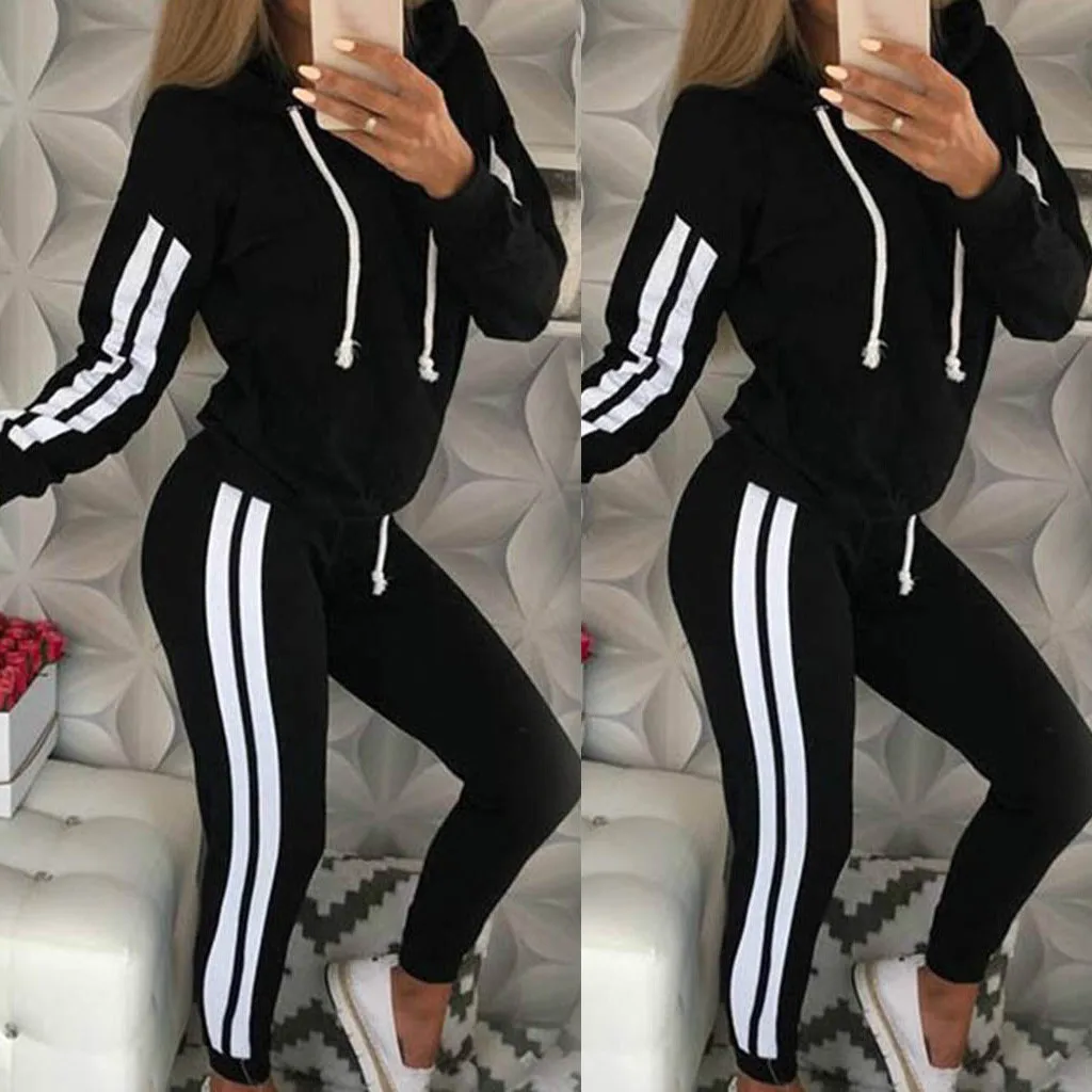 

Fashion Autumn Women Hoodies Sportswear Solid Color Stripe Hooded Long Sleeve Pullove Sport Tops+Long Pants Set ropa de mujer