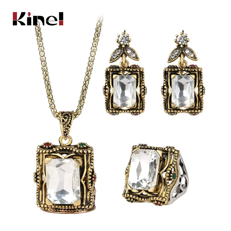 

Kinel 3pcs Vintage Wedding Jewelry Sets 2020 New Fashion Antique Gold Mosaic Big Glass Ring Earring Necklace For Women