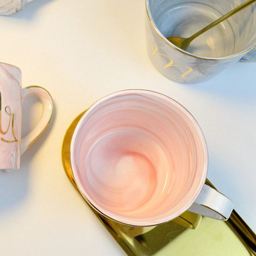 Marble Ceramic Mug Handpainted Gold Monogram Natural Marble Porcelain Coffee Mug Pink Gold Inlay Cup Creative Wedding Gift