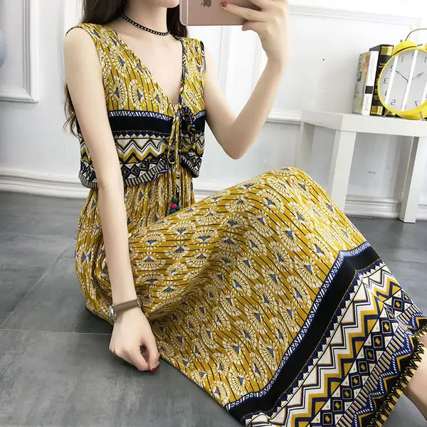 

Bohemian beach skirt cotton silk dress long skirt summer floral vest skirt