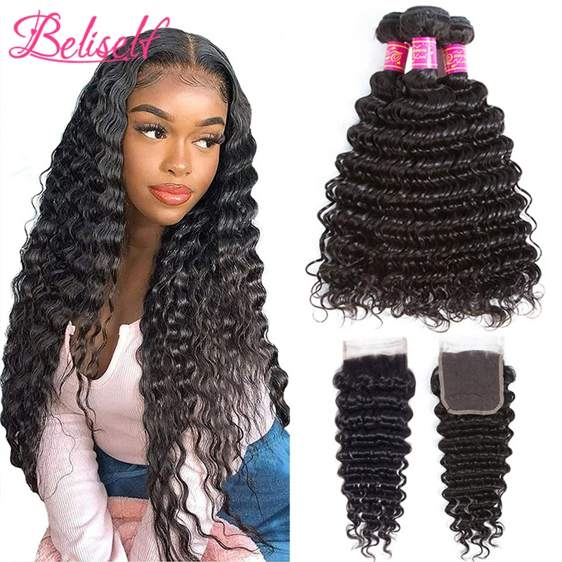 

Deep Wave Bundles With Closure 4×4 Lace Frontal Closure Brazilian Remy Hair 3/4 Bundles With Closure Human Hair Extension