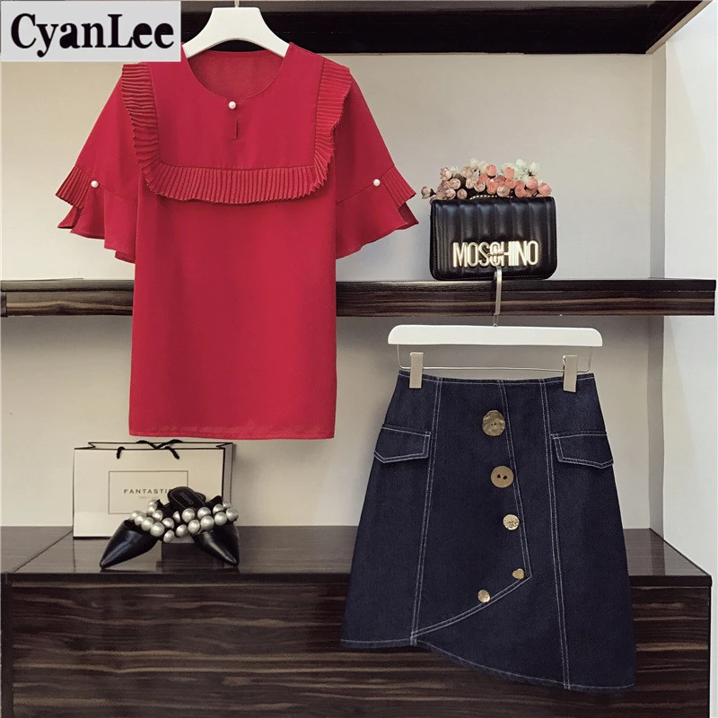 Cyanlee размера плюс летний вязаный пуловер + юбка на пуговицах комплекты из 2