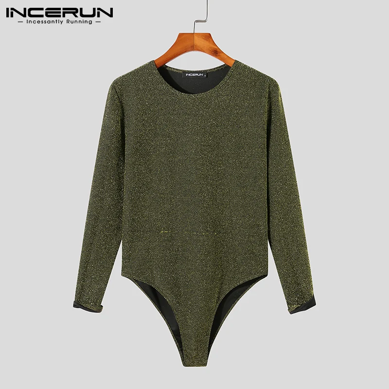 

INCERUN Men Bodysuits Round Neck Long Sleeve Solid Color Shiny Casual Party Rompers Tops 2021 Underwear Sexy Men Bodysuit S-5XL